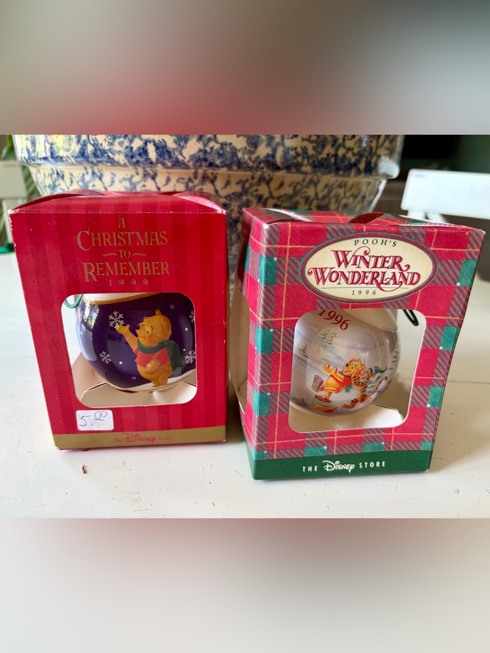 Vintage Disney Winnie the Pooh Glass Christmas Ornaments - 1998 and 1996.